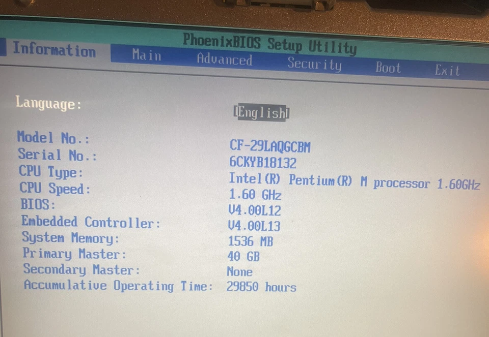 PORTATIL PANASONIC RESISTENTE CF29 MK4-MK5/40GB/NO TÁCTIL/1.5GB RAM 1.60 HZ Foto 2 de 4