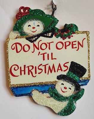 MR MRS SNOWMAN, DO NOT OPEN 'TIL CHRISTMAS * Glitter CHRISTMAS ORNAMENT  Vtg Img