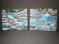 ROCKS, WATER, STREAM, CREEK, FLY FISHING. BOY, DECO, ACRYLIC  2 Paintings 8"x10"