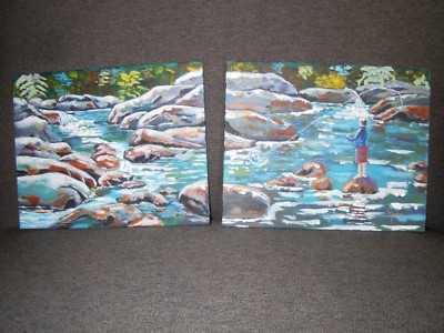 Rocks Water Stream Creek Fly Fishing Boy Deco Acrylic 2 Paintings 8 X10 Ebay