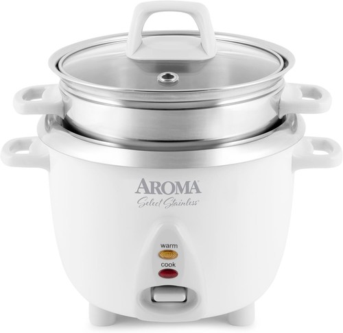 6-Cup Stainless Steel Rice Cooker & Steamer, One-Touch, White, 1.2Qt.