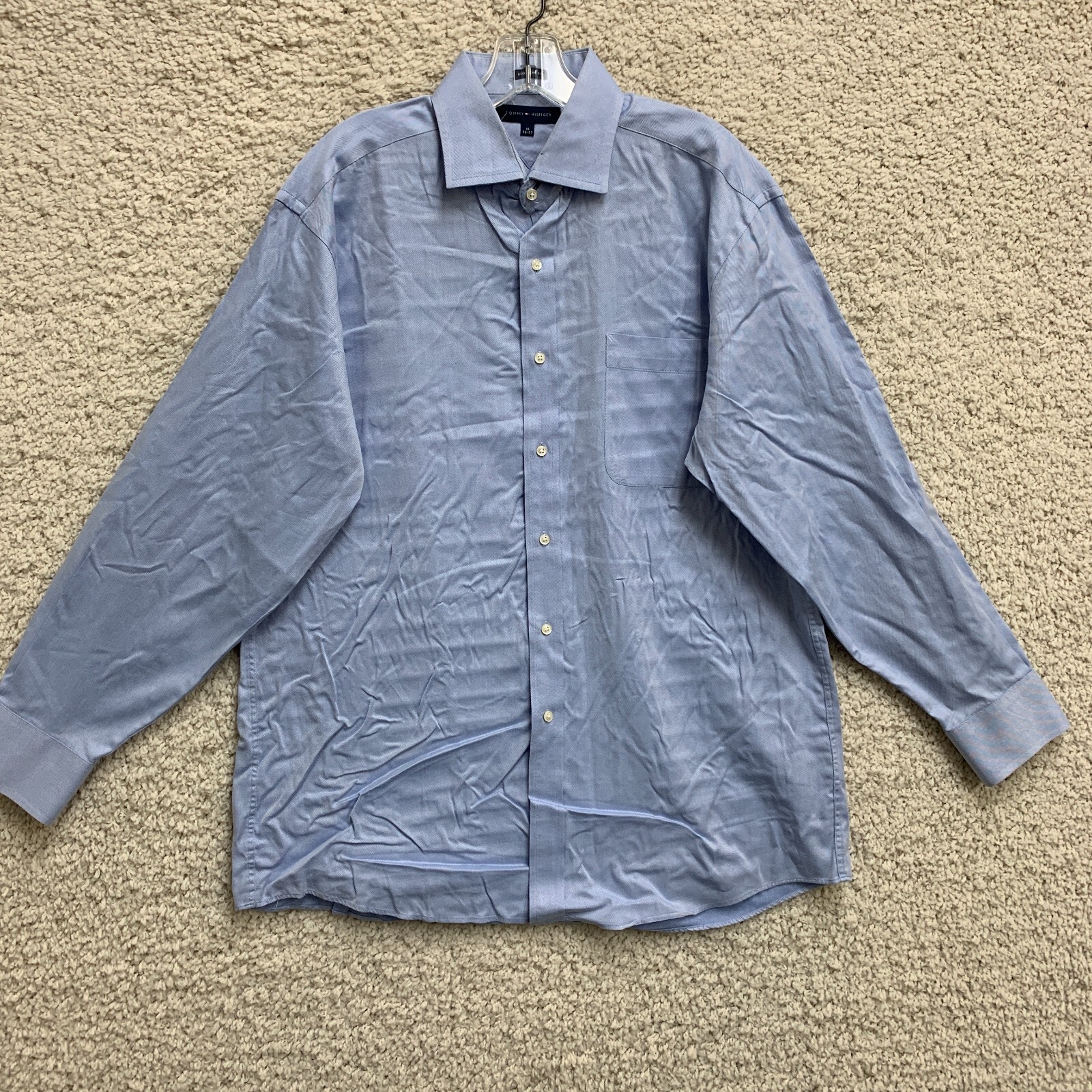 Tommy Hilfiger Men's Regular Fit Blue Long Sleeve Button Down Dress Shirt with Logo