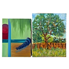Tree Backyard Fence Landscape & Abstract Original Paintings Mixed Lot of 2