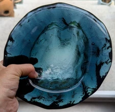 Blenko Glass Freeform Bowl 8" Amoeba Smokey Blue Green Dish Ashtray Vtg MCM