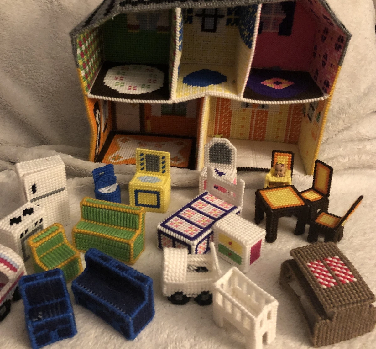 Vintage Plastic Canvas Dollhouse And Furniture Needlepoint 20