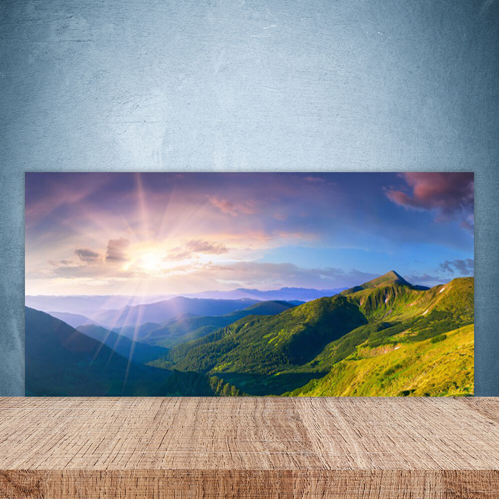 Crédence en verre 100x50 cm pour illuminer votre cuisine d'un décor de montagnes au soleil