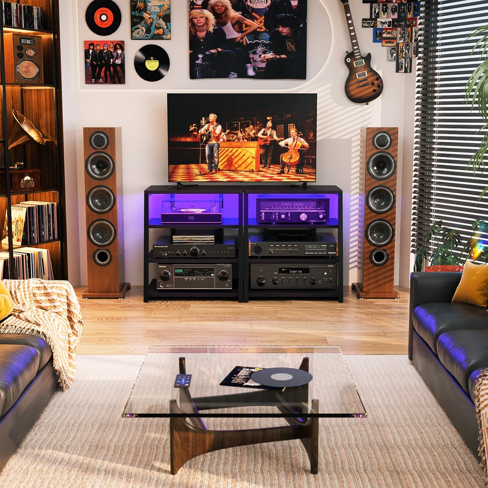 Soporte multimedia AV con tomas de corriente, consola multimedia con luces LED, racks estéreo Foto 3 de 4