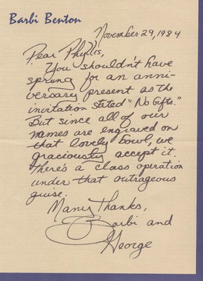BARBI BENTON - AUTOGRAPH LETTER SIGNED 11/29/1984 CO-SIGNED BY: GEORGE GRADOW