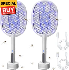 2-in-1 Electric Bug Zapper Racket, 2 Pack 3000V High Voltage LED Lighted Handhel