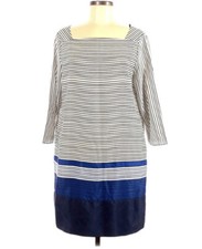 Zara Basic L black/white/blue stripe square neck 3/4 sleeves shift dress