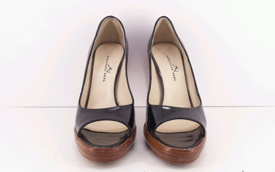Alexandra Neel 漆皮露趾黑色厚底高跟鞋。 (38) Appx US 7 — 第 3/4 张图片
