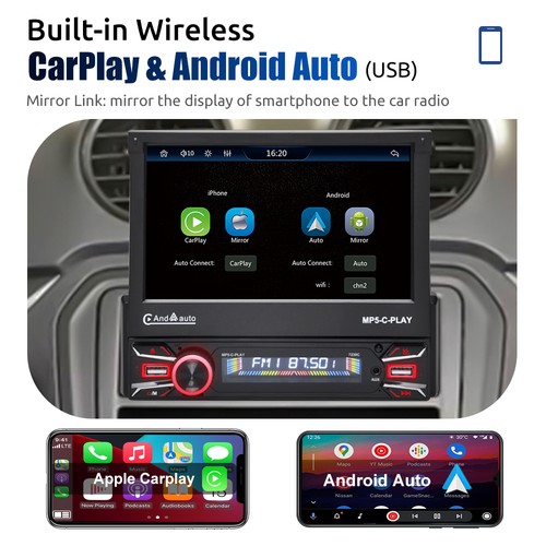 Single 1Din 7" Flip Out Wireless Stereo Car Radio Touch Screen Apple CarPlay+CAM - Picture 4 of 14