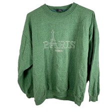 Vintage Paris France Sweatshirt Eiffel Tower Crewneck Women L Green Embroidery