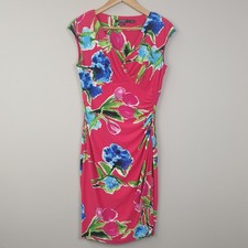 Lauren Ralph Lauren Dress Womens UK 10 Pink Floral Faux Wrap Ruched Party