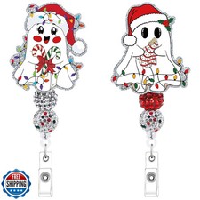 Christmas Ghost Retractable Badge Holder - 2 Pcs Glitter ID Name Badge Holder