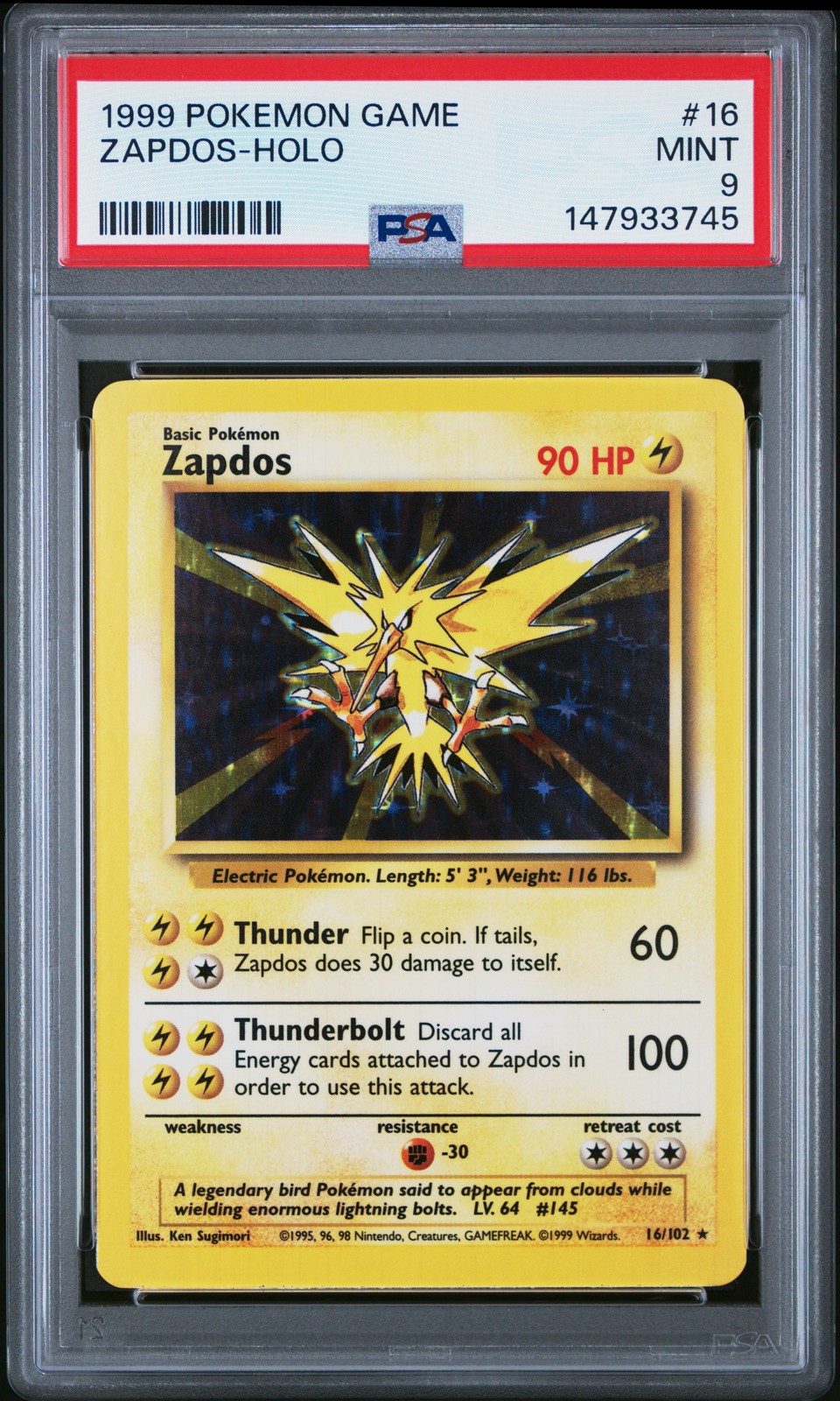 1999 POKEMON BASE SET UNLIMITED #16 ZAPDOS-HOLO PSA 9