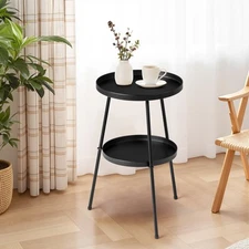 Round 2Layers 13" Garden Patio Small Side Table In/Outdoor Metal End Table Black