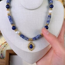 Natural Blue sodalite/Lapis  Lazuli/Pearl Mix Gemstone+ Pendant  Necklace 18