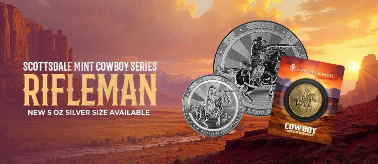 1/10 oz Gold Cowboy Rifleman w/ Buffalo Privy .9999 Gold Bullion Round #A701