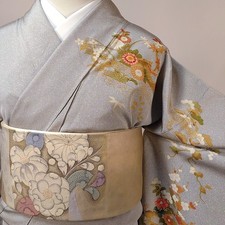 2-Piece Vintage Japanese Silk Kimono Set Gray Bokashi Beige Obi