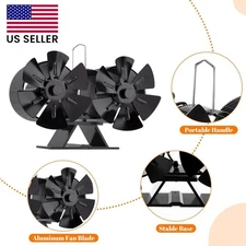 12-Blade Dual Head Heat Powered Wood Stove Fan Fireplace & Magnetic Thermometer