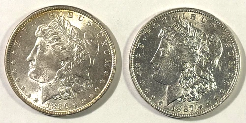 1886 & 1887 Morgan Silver Dollars, 2 Uncirculated Silver Dollars! Free Shipping!
