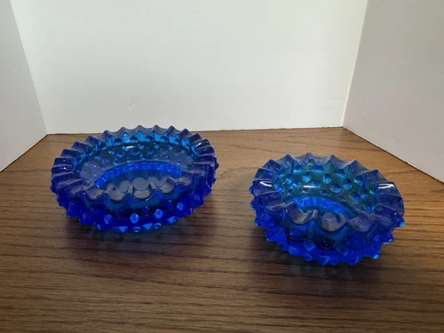 Pair Of Vintage Fenton Hobnail Cobalt Blue Glass  Ashtrays/Trinket or candy dish