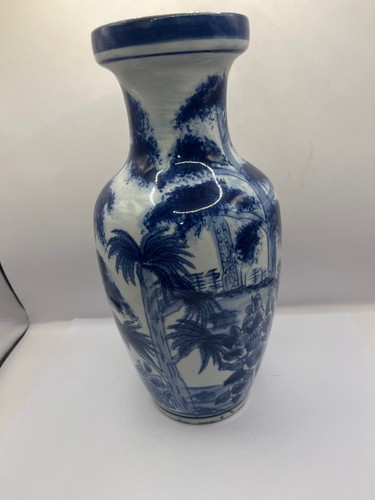 19th Century Chinese Blue & White Vase with a Village, Flowers, Trees 10" - Picture 3 of 6