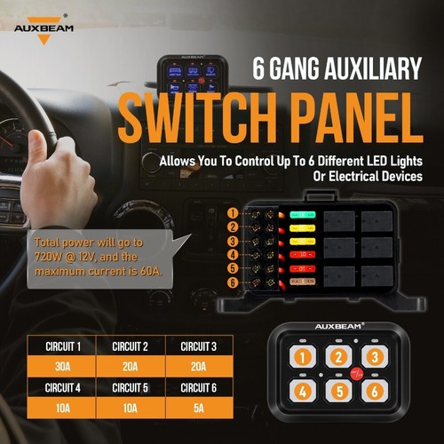 AUXBEAM 6 Gang On/Off Switch Panel Toggle Circuit Relay System Kit Blue Car Boat - Picture 3 of 12