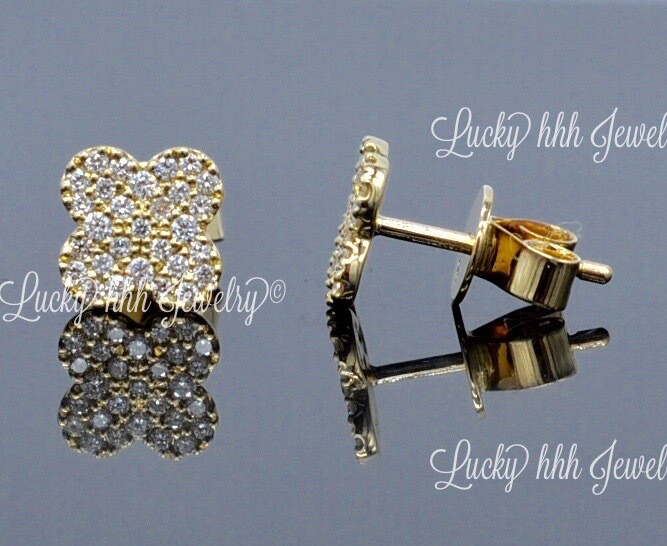 14k Solid Yellow Gold Natural  Diamond Stud Earring 1/3 ct Clover stud 