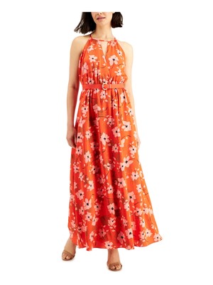 DONNA KARAN NEW YORK Womens Orange Belted Elastic Waist Pullover Maxi Dress 2
