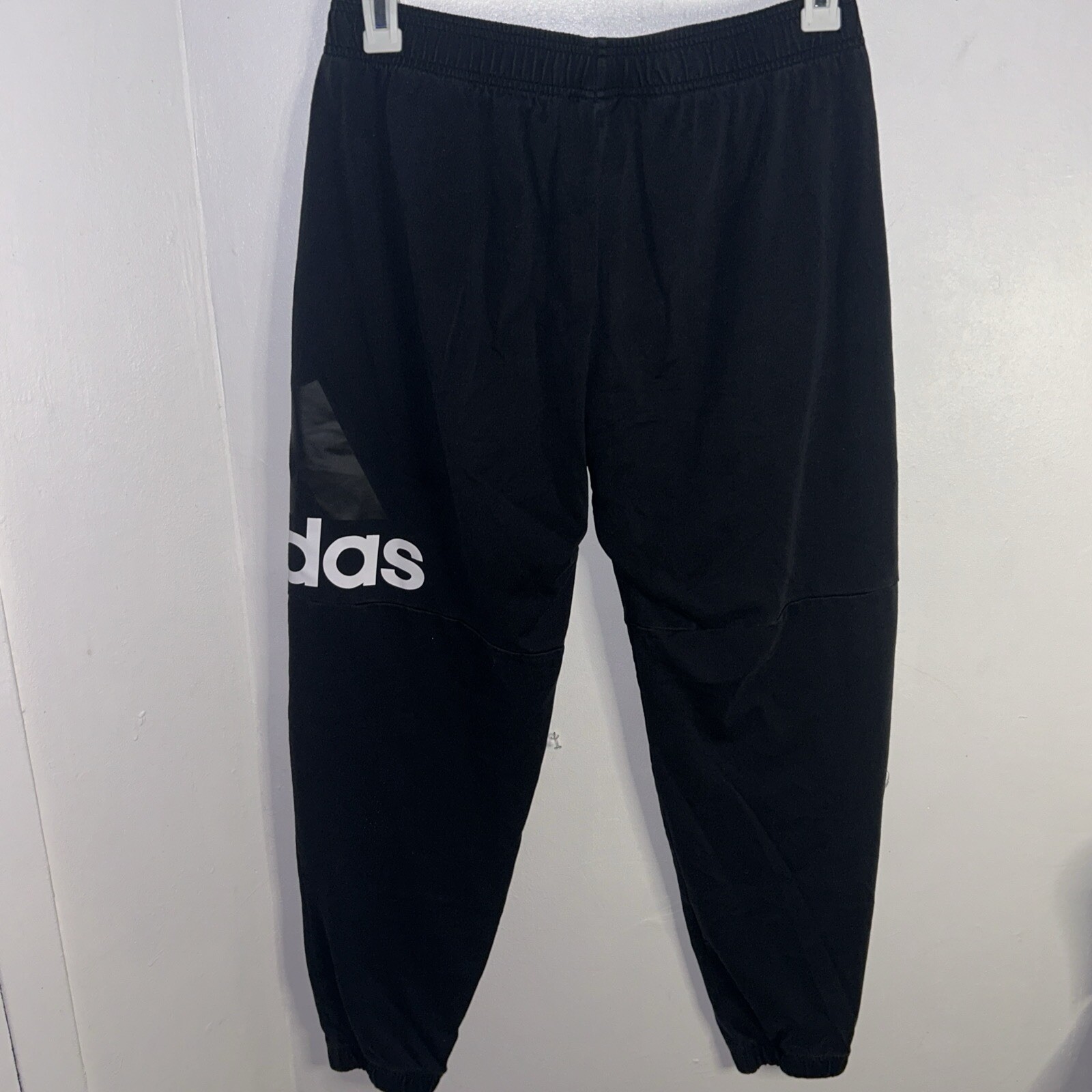 Adidas Mens Large Black Joggers with Pockets Drawstrings & Spell-Out Logo Lightweight Comfort-image
