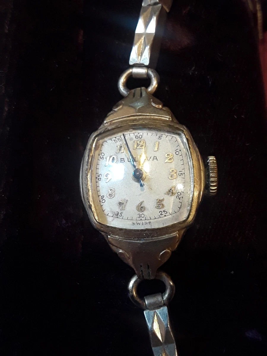 Vintage 1950 s Bulova Women Wrist Watch New York 10kt GP with Case