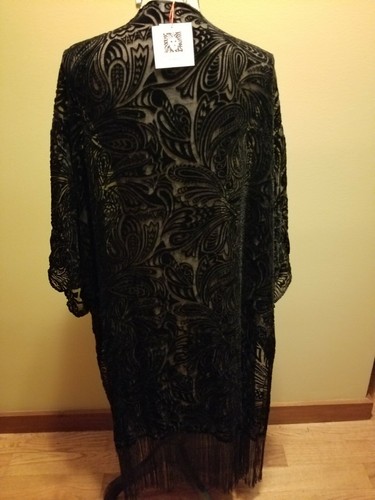 NWT Anne Klein Anne Black Womens Velvet Burnout Caftan Paisley Fringe Silk 2X/3X - Picture 10 of 12