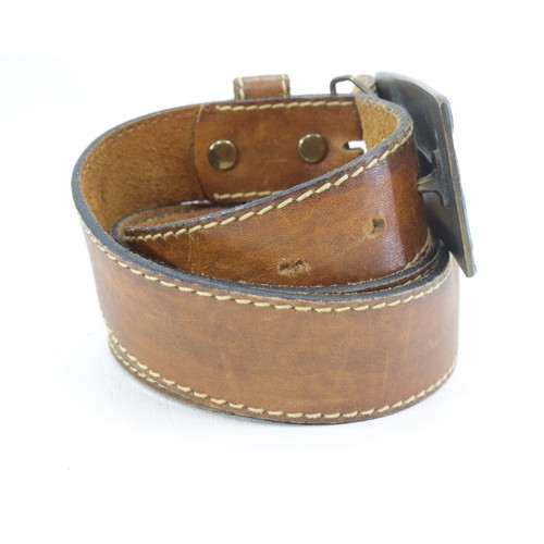 AJ Dezy Denver Belt L Buckle Brass Peace Blue Enamel Edged Leather Strap Adjust - Picture 6 of 22