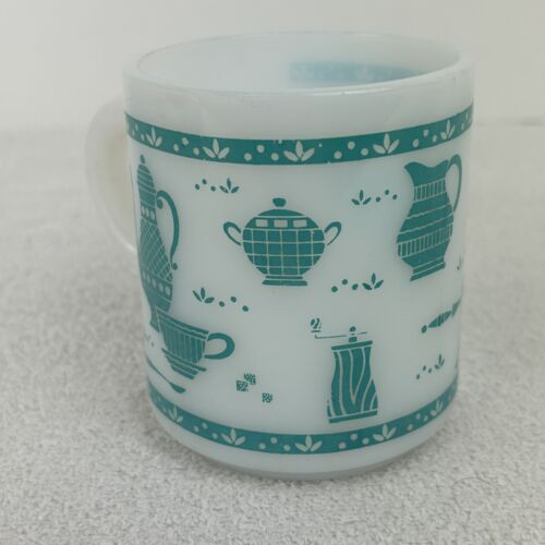 Vintage Hazel Atlas Milk Glass Mug Retro Kitchen Decor Turquoise Blue White Cup - Picture 3 of 8