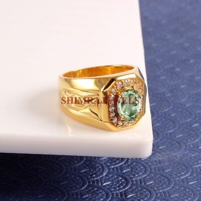Natural Green Amethyst Gemstone With 14K Gold Plated Silver Ring For Men's #1280