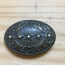 Vintage 1980s Bronze Metal Western Oval Belt Buckle With Raised Rhinestone Stars