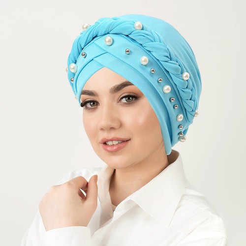 Damen Geflochten Zöpfe Perlen Stretch Turban Beanie Mütze Haar Stirnband Elastisch Kappe - Bild 12 von 17