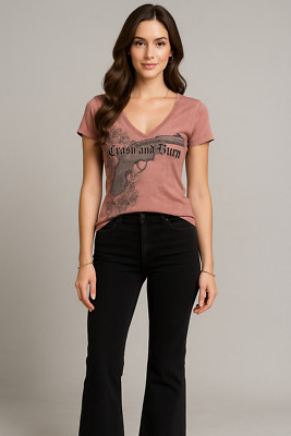 Crash and Burn Top Womens XS Pink Embellished Rockabilly Guns Y2K Edgy Distress