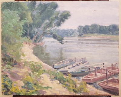 CZECH AMERICAN PAINTING IMPRESSIONIST BOAT FERRY LAKE CHICAGO PRAGUE MUNICH DE