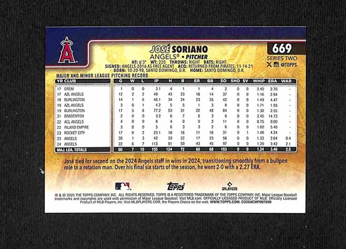 2025 Topps Series 2 Jose Soriano Golden Mirror Variation #669 Angels SSP - Picture 2 of 2