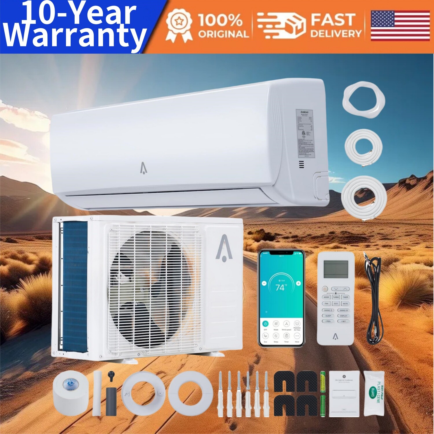 🔥✳️9000BTU Mini Split C Work ir Conditioner Het Pump 16.4ft Instlltion Kits