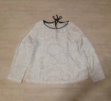 Ann Taylor LOFT Work Blouse Womens Sheer Ivory Textured Floral with Black trim S