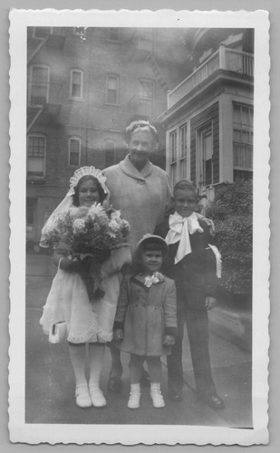 1940s Old Woman Girl Boy Holding Flowers Family Portrait - Picture 2 of 3