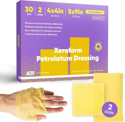 30 CT Xeroform Petrolatum Dressing   Non Stick Gauze Pads   4'' 5''x9'' & 4''x4'' 
