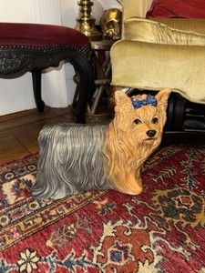 Rare Townsends Ceramic Yorkshire Terrier Dog Blue Bow Signed Vintage 1971 Large