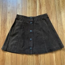 Vintage Rampage Brown Suede Leather Mini Skirt Snap Front 90s A-Line XS