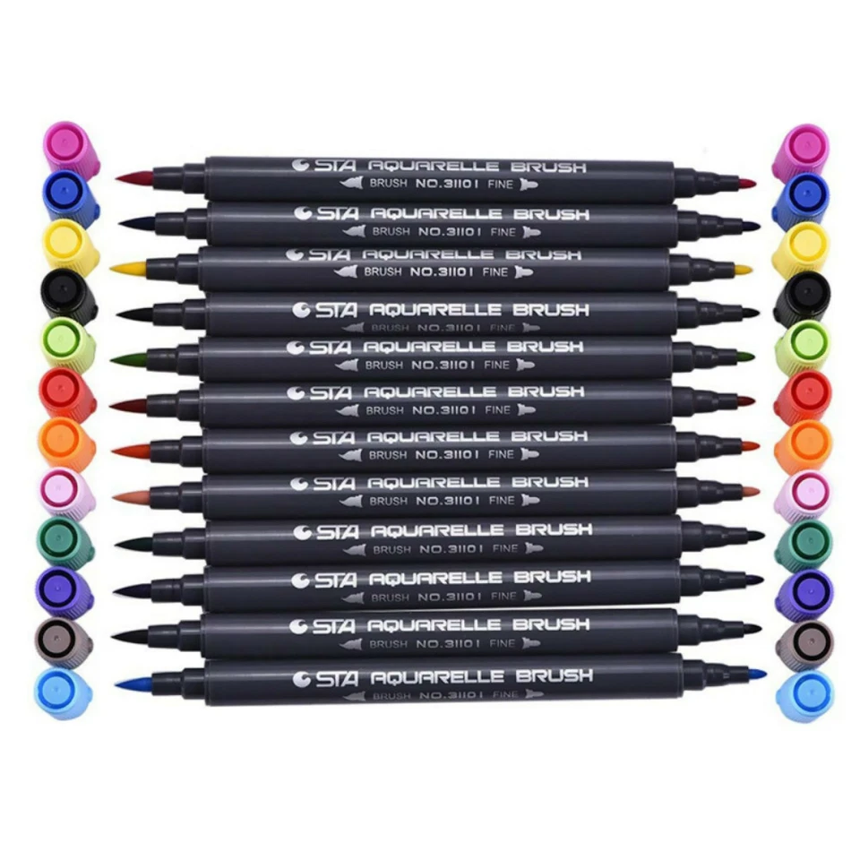 Fineliner Tip Set Drawing 12 Colors STA Dual Brush Water Based Art Marker Pen B - image 3 of 4