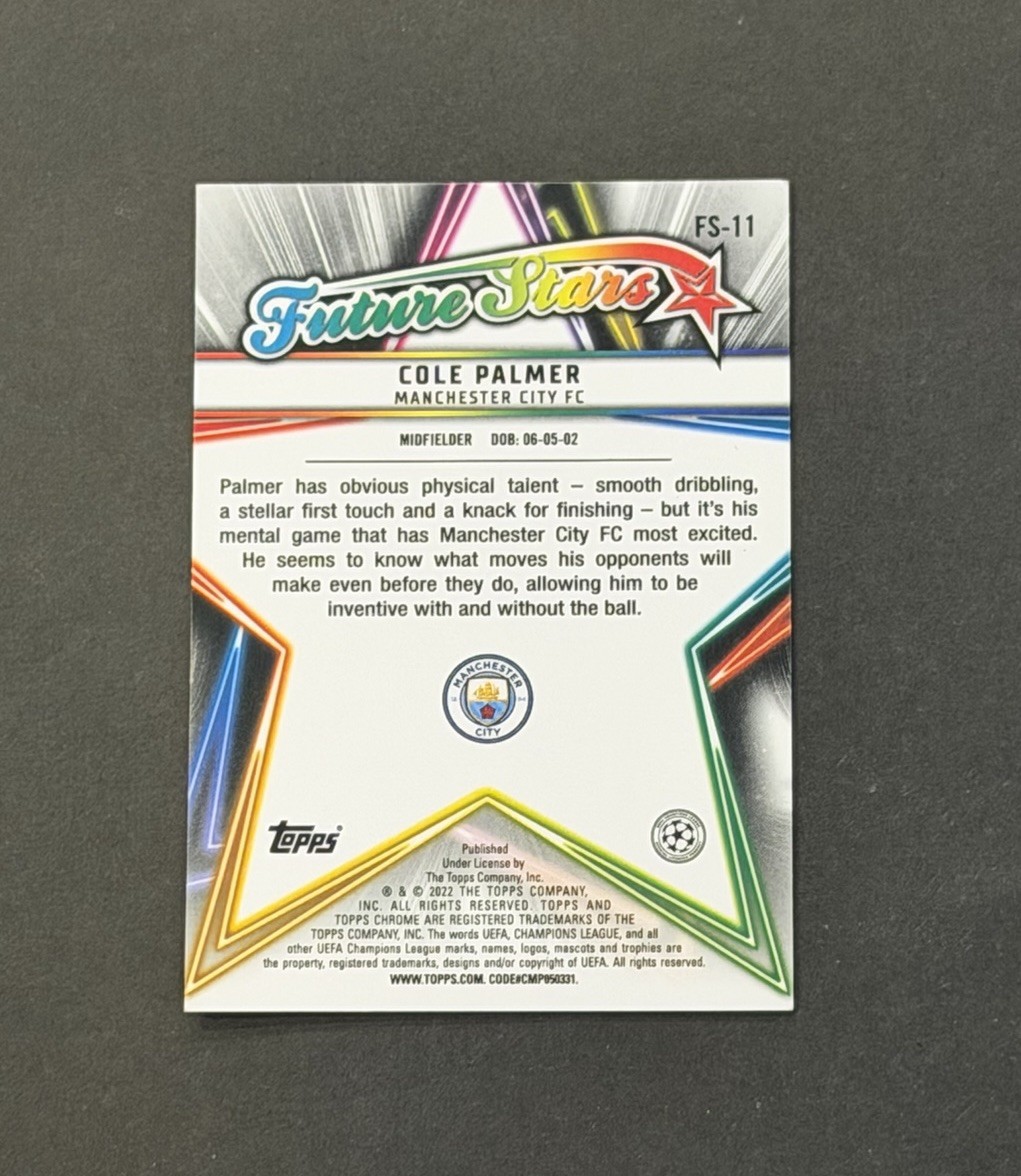 2021-22 Topps Chrome UEFA #FS-11 Cole Palmer Future Stars Sapphire Refractor RC view 2